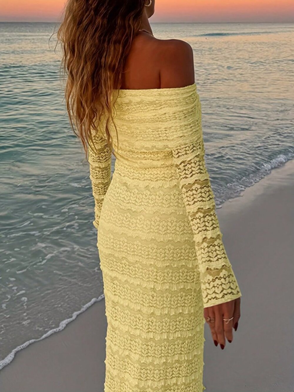 Yellow Elegant Women's Off Shoulder Long Sleeve Bodycon Sexy Minimalist Dress - Picture 3 of 6